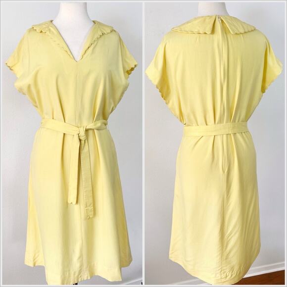 Vintage 70s Silk Butter Yellow Sun Dress Tie Waist Midi // Size Large‎ - Picture 1 of 10